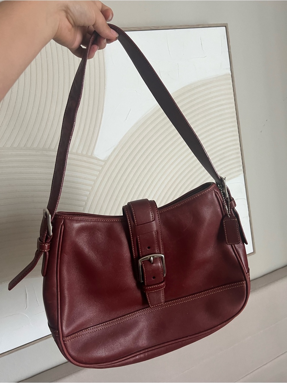Vintage Coach Hampton Burgundy Leather Shoulder Bag with Buckle Detail